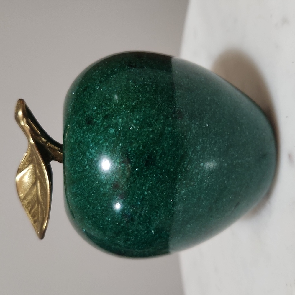 Green Marble Apple Sculpture Paperweight with Golden Brass Leaf